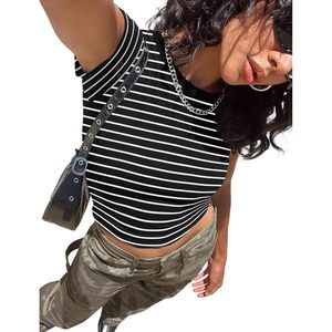 FOXA Women's Striped Crop <b>Top</b> Short Sleeve <b>Black</b> <b>White</b> <b>Stripe</b> Summer T-Shirt XL Breathable Jersey Fit - Product Image 3