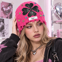 Bonnet en tricot côtelé vieilli DYMF, logo tissé personnalisé, patch en cuir PU clouté, unisexe, style Y2K gothique