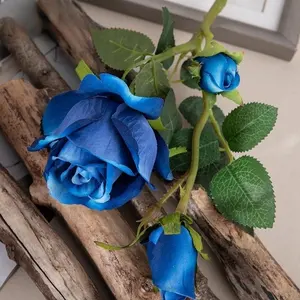 科威246优质人造玫瑰丝绒3头玫瑰枝蓝色短茎玫瑰花蕾