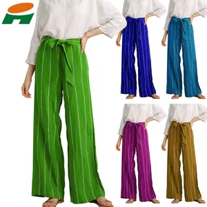 Pantalon à jambes larges en lin et coton pour femme, imprimé personnalisé, taille haute, vente en gros
