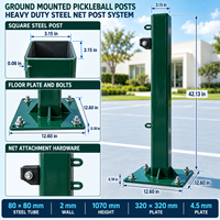 Poteau de pickleball vert thermolaqué, tube en acier 80x80 mm, hauteur 1070 mm, plaque de base 320x320 mm, montage en surface pour entraînement sur terrain
