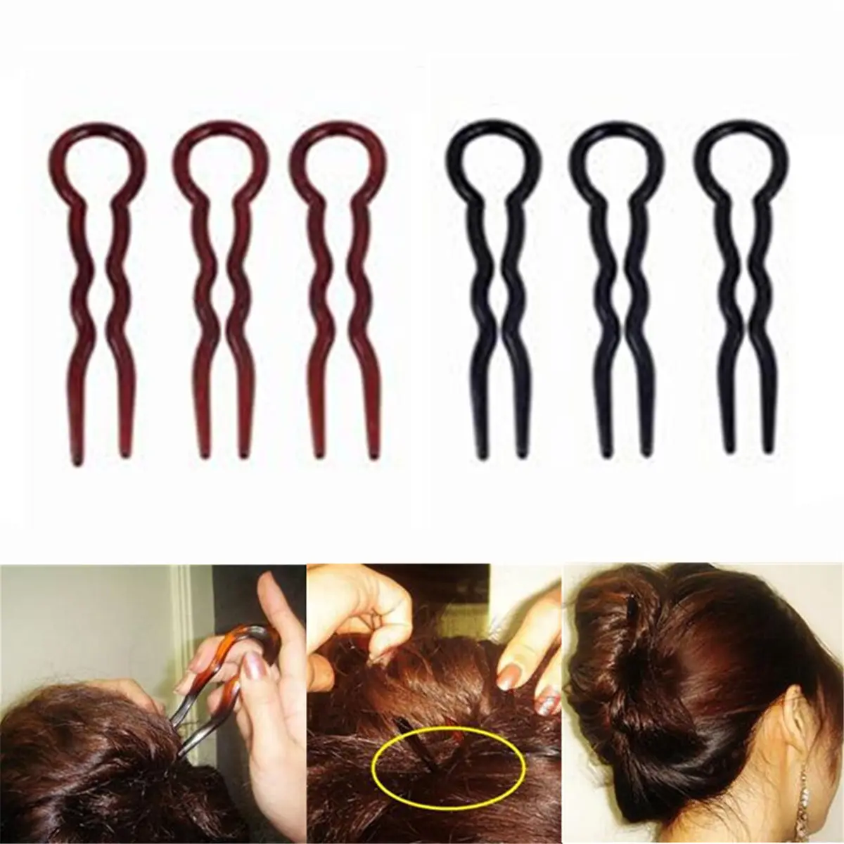 3 Piece/Set U-shaped Bun Hair Pin Clip Grips Brown/Black Fashion Wavy Salon Hairpins