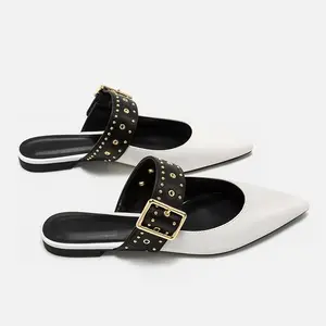 DEleventh 314 Attractive custom flat mules stock pointed head designer shoes rivet belt buckle flat sandals slipper black loafer