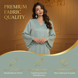 Robe maxi musulmane vert brume pour femmes, détail cristal, faible MOQ - Product Image 2