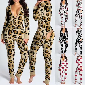 Pantalones de manga larga de diseñador para mujer, venta al por mayor, pijama Sexy de leopardo para San Valentín para adultos con solapa y trasero, 2022