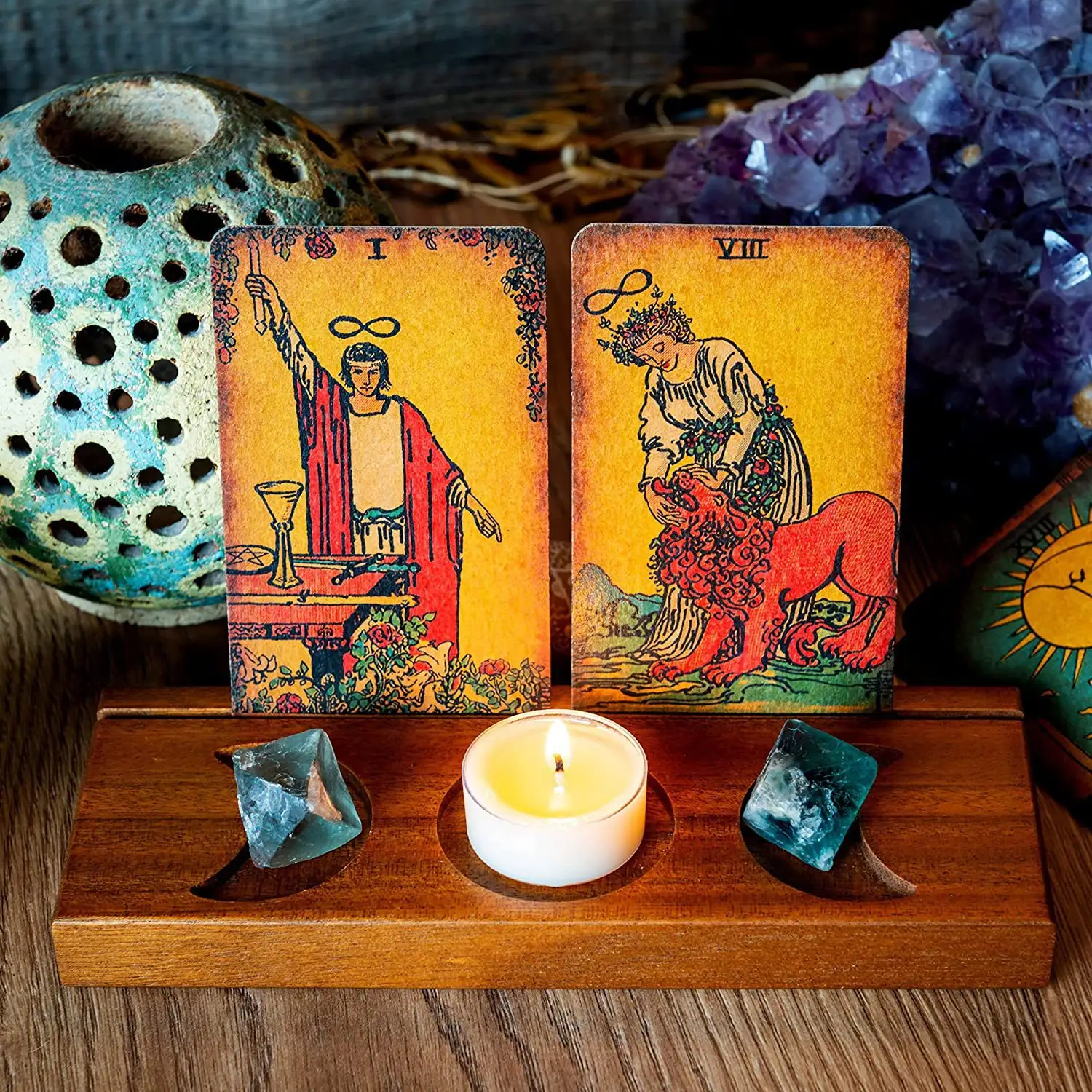 Aksesori dudukan lilin altar kayu berdiri kartu ta rot bulan tiga Tampilan kristal Dekorasi ruangan penyihir pabrik wicca