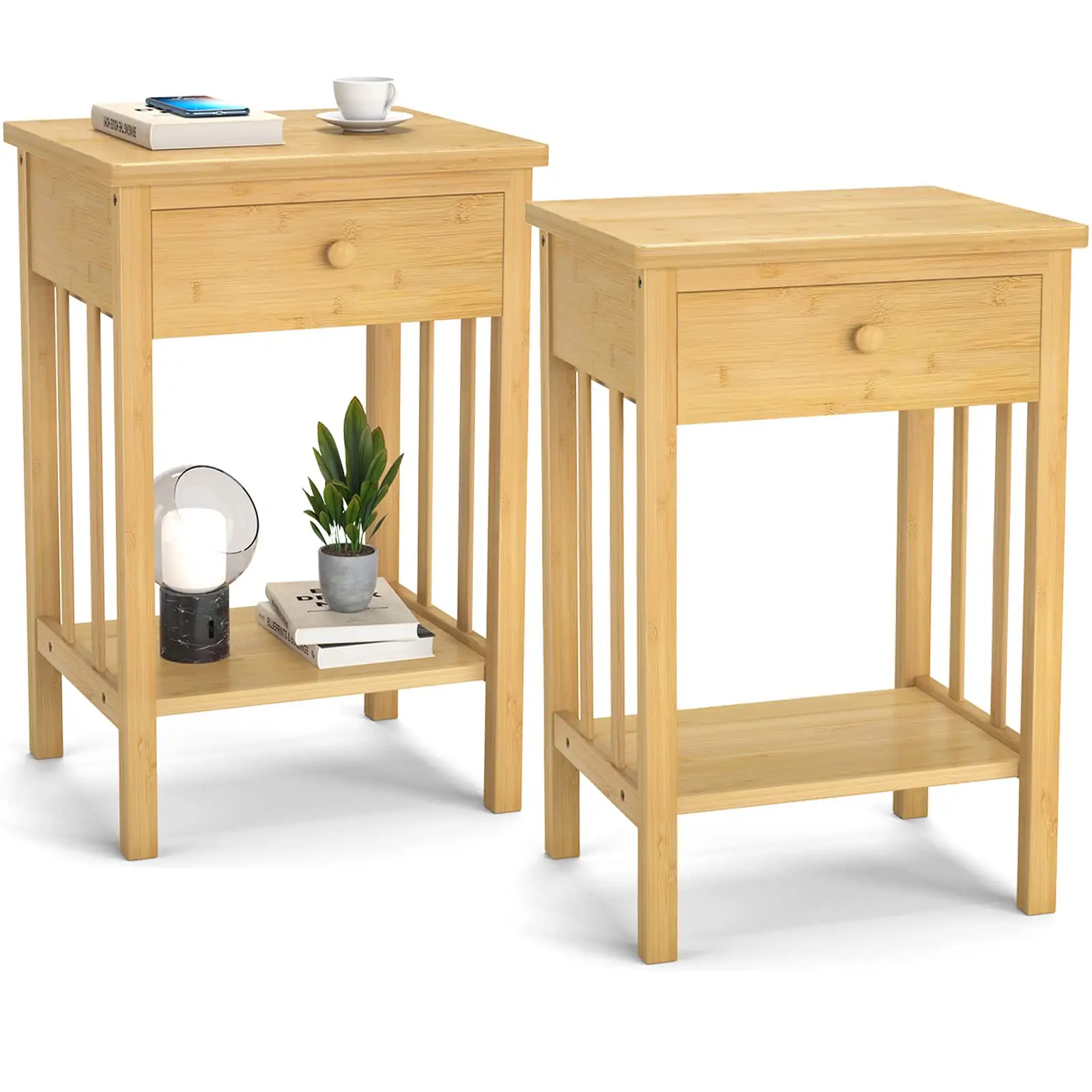 Bamboo Nightstand Bedside End Side Table with Drawer and Storage Shelf for Bedroom Living Room Easy Assembly Multifunction