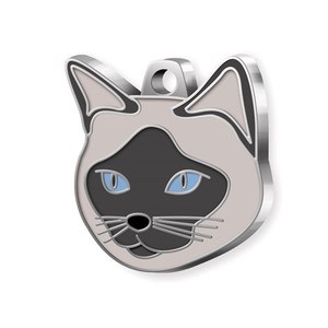 Etiquette d'identification pour chat en métal gris Siamese, avec design de visage noir et yeux bleus - Product Image 1