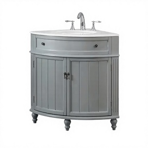 Meuble-lavabo d'angle gris moderne de 24 pouces en verre ignifuge avec dessus en pierre naturelle et quartz artificiel et lavabo en céramique - Product Image 2