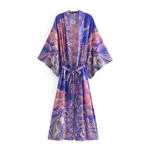 Màu Xanh Dài Tay Áo Rayon Dress Trăng In Sash Thời Trang Giản Dị Bohemian Vintage Kimono Phụ Nữ Thời Trang Ăn Mặc