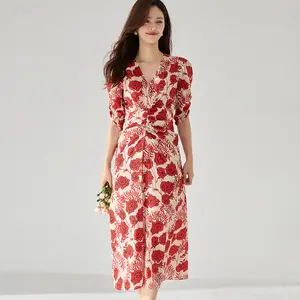 New French V-neck puff sleeve waist elastic pleated rose print long dress rose printed red