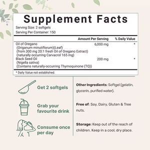 Suplementos Herbales 2 en 1 de 6000 mg de Aceite de Orégano y 200 mg de Aceite de Comino Negro, 300 Cápsulas de Gelatina Blanda - Product Image 2