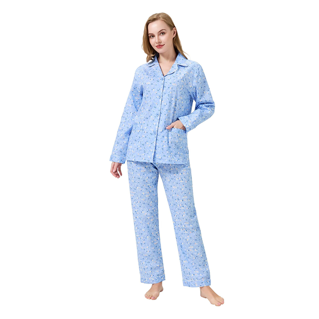 Custom Print Cotton Long Sleeve Women's  Pajamas Set Button up Sleep Shirt and Pant Sets Eco Friendly Womens Homewear