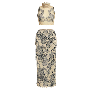 New Female Sleeveless Stand Collar Ankle-Length Digital Printed Navel <b>Sexy</b> Mesh Stitching Two-piece <b>Set</b> - Product Image 3