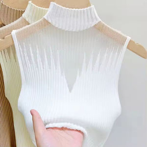 Women's <b>shirts</b> half-collar vests women's <b>sleeveless</b> sweaters chic tailoring street wear solid tight-fitting mesh knitted tops - Product Image 3