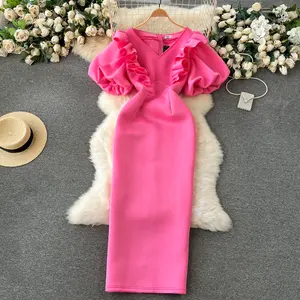 2024 Новое модное розовое праздничное платье с V-образным вырезом и коротким рукавом