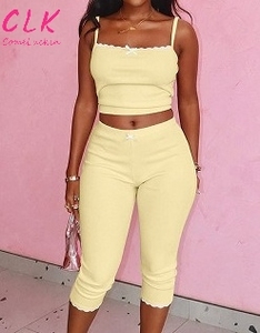 Estate 2 pezzi completi <span class=keywords><strong>donna</strong></span> Casual maglia <span class=keywords><strong>rosa</strong></span> a coste Top e due pezzi Cropped <span class=keywords><strong>pantaloni</strong></span> <span class=keywords><strong>donna</strong></span> - Product Image 2