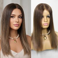 Peluca Judía con Frente de Encaje 9x5, Color Marrón Degradado, Cabello Humano Virgen Europeo, Encaje HD Transparente, Pelucas Kosher para Mujeres Blancas