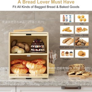 Wooden Bread <b>Storage</b> <b>Box</b> Double Layer With <b>Drawer</b> And Cutlery Holder Natural Wood Color Flip Top Design - Product Image 3