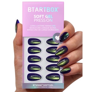BTArtbox Uñas Postizas de Gel Suave Cortas Almendradas con Pegamento, Venta al por Mayor, Hechas a Mano, Ojo de Gato Verde, Suministros de Uñas Artificiales a Presión - Product Image 1