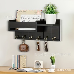Wooden Wall Mounted Key Rack With <b>Hooks</b> And Shelves Farmhouse Style Entryway Kitchen Living Room Storage Organizer - Product Image 4