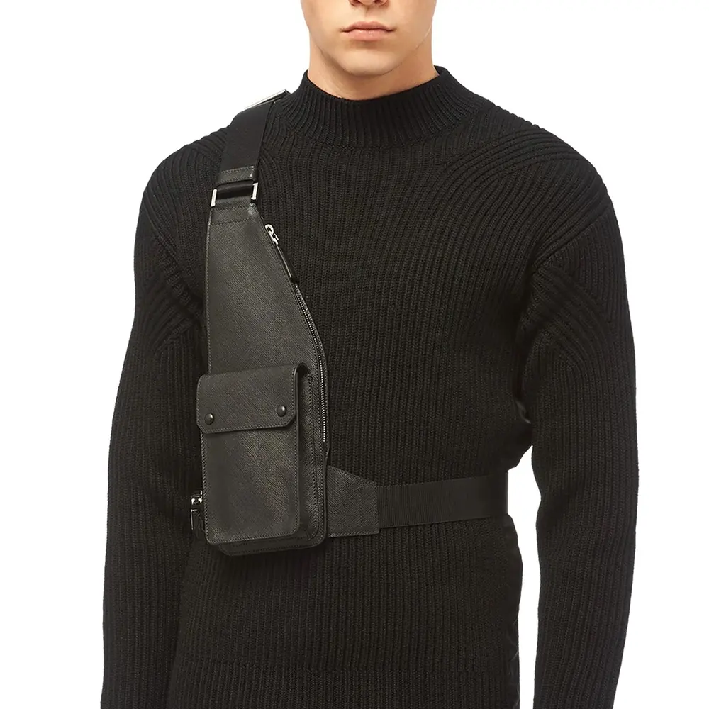OEM Logo Black Saffiano Leather Front Shoulder Pouch Crossbody Sling Men's Chest Bags