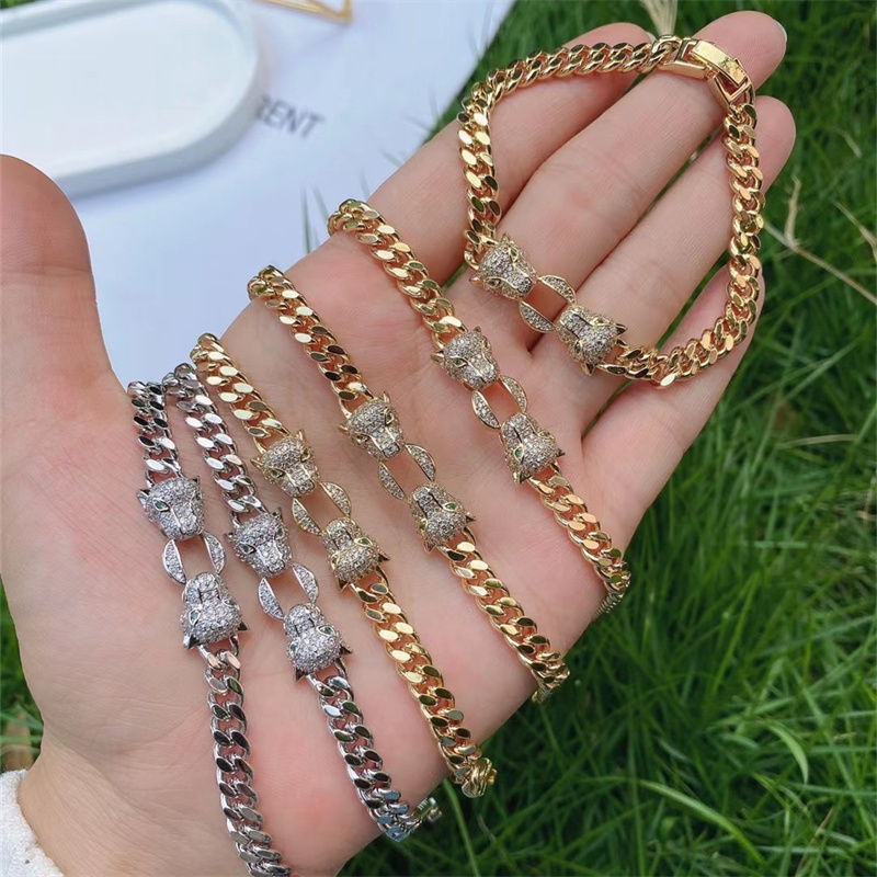 24k Gold Plated CZ Crystal Animal Double Leopard Head Bracelet 