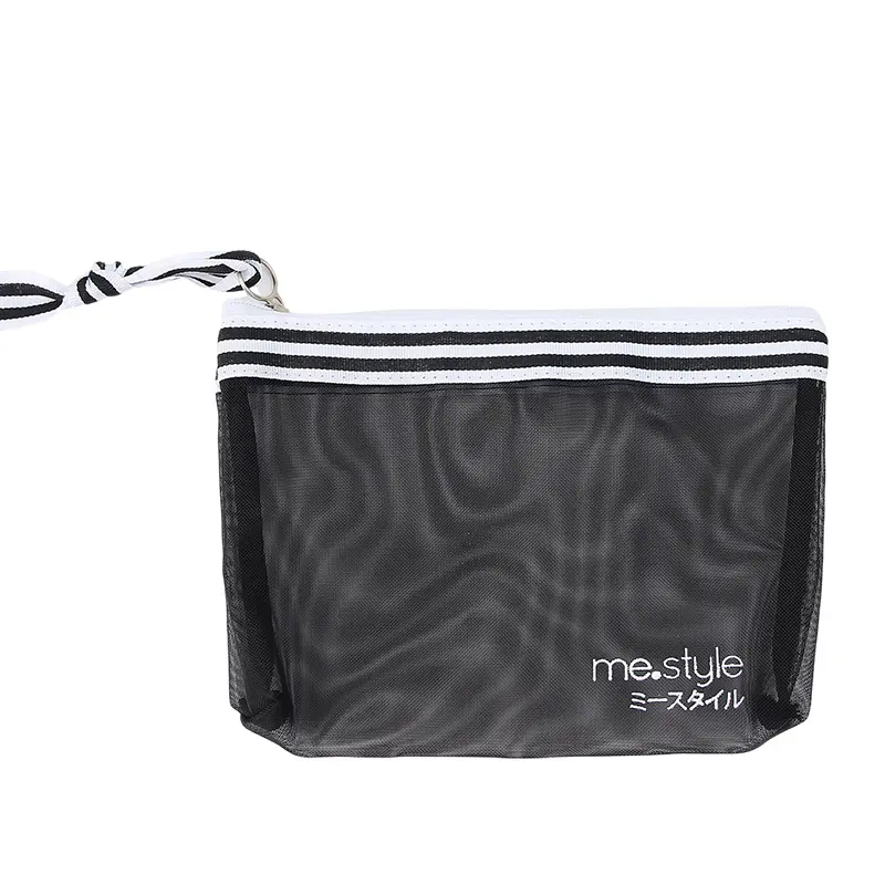 Mode Draagbare Reis Mini Cosmetische Tas Aanpassen Zwarte Nylon Mesh Boog Make-Up Tas Voor Vrouwen Mannen