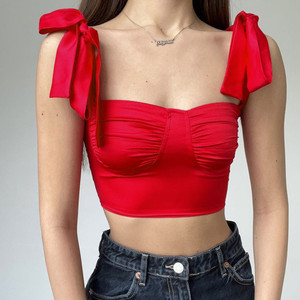 Women Summer New Arrivals <strong>Red</strong> Pleated Elegant Lace up Bow Tank <strong>Tops</strong> Ladies Slim Off Shoulder Cute <strong>Crop</strong> <strong>Top</strong> - Product Image 2