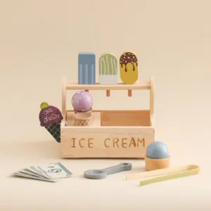 Juego de juguetes de helado de madera al por mayor de fábrica, juego para padres e hijos, juguetes Montessori para niños, juguetes para juego de simulación de roles para niños pequeños