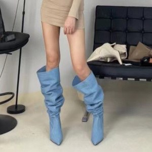 Cuissardes personnalisées à talons hauts et mollets larges en cuir Chaussures à bout pointu froissées Bottes Stiletto au-dessus du genou pour femmes - Product Image 6