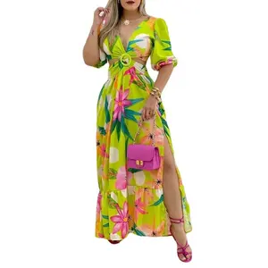 新しいファッションの女性のセクシーな夏のロングドレス人気のプラスサイズディープVプリントスリットレディースバックレスドレス