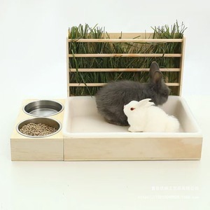 Mangeoire à lapin en bois avec porte-foin et bols à nourriture pour petits animaux, 53x28,5x27,5 cm, design rectangulaire durable - Product Image 1