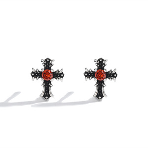 Cross <b>Stud</b> Earrings S925 Sterling Silver Red Gemstone Bezel Setting <b>For</b> <b>Men</b> Women Fashion Gift Jewelry - Product Image 1