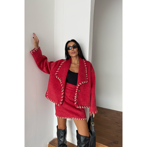 Conjunto de Chaqueta Corta de Lana Roja con Pespunte de Pastor y Falda Corta, Talla XL, Corte Holgado, Traje Formal de Dos Piezas, Nuevas Llegadas - Product Image 2