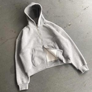 Sweat à capuche zippé court pour homme, 100% coton molletonné épais, coupe ample, double couche, effet vieilli vintage, style streetwear - Product Image 5