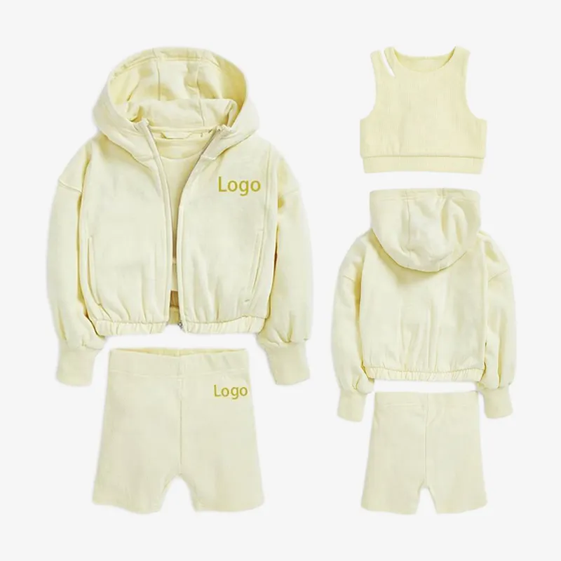 L801021 Custom Summer Baby Girls Zipper Hooded Clothing Kid's Crop Tank Top And Shorts Girl's 3 Pieces Tracksuit Shorts Set