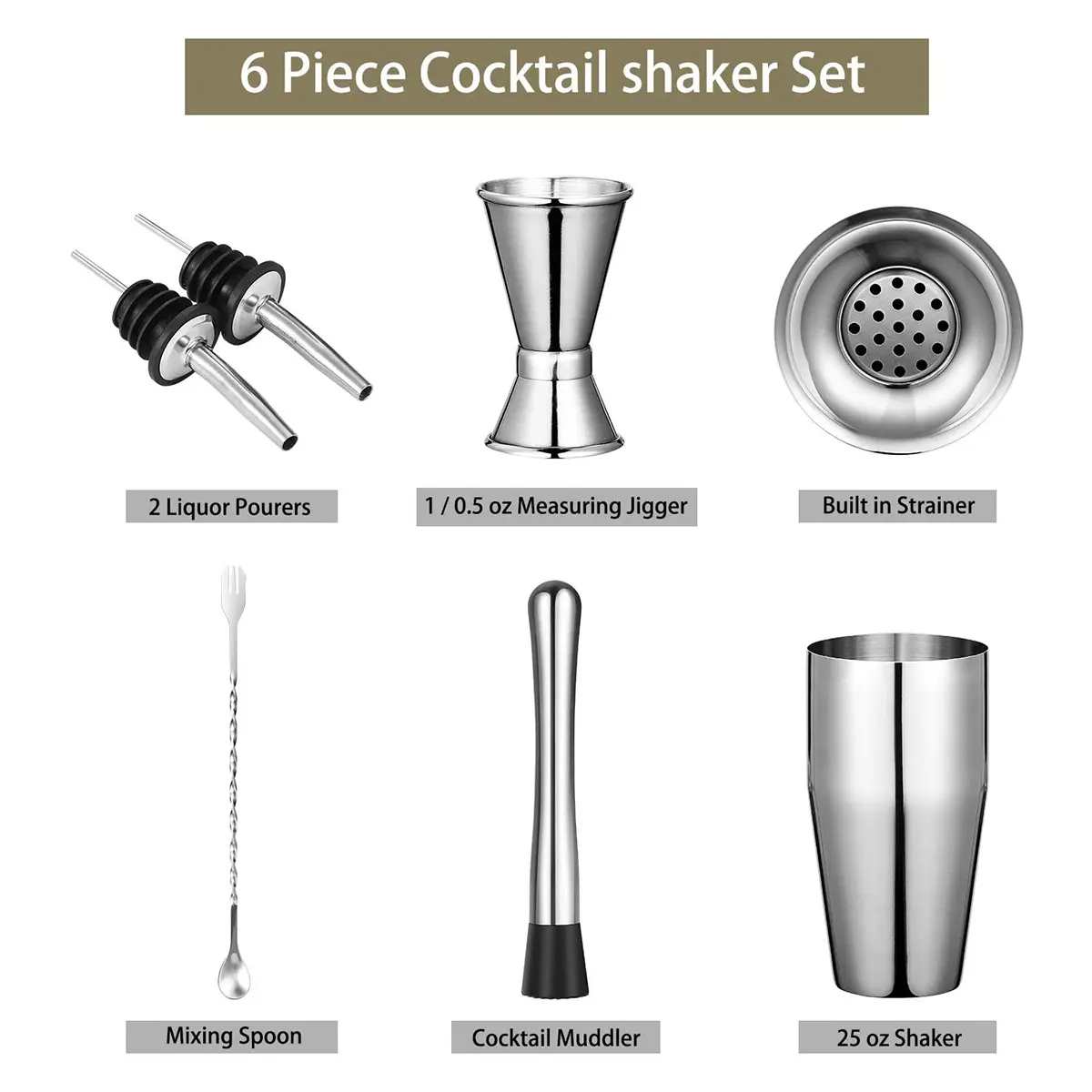 Hot Sell Bar Accessories Tool Martini Shaker Measuring Jigger Mixing Spoon Stainless Steel Bartender Kit Set