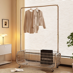 Floor Standing Coat <b>Rack</b> Chrome Iron Rectangular Multifunction Clothing Organizer For Bedroom Storage Basket With Wheels - Product Image 1