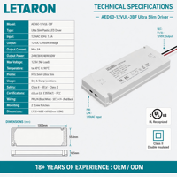 LETARON OEM ODM Kelas2 Tegangan Konstan Bersertifikasi UL Ultra Tipis 16.5mm Driver LED Berkabel untuk Pencahayaan Cermin Kamar Mandi Solusi Lengkap