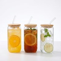 Pot en verre borosilicate à paroi simple de 16 oz avec couvercle en bambou et paille, tasse à café
