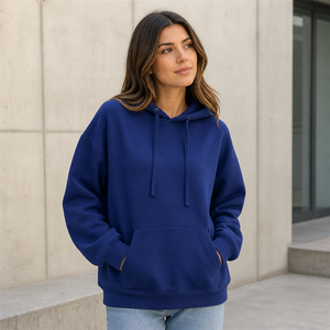 <b>Women's</b> Navy <b>Blue</b> <b>Fleece</b> Hoodie Drop Shoulder Pullover Sweatshirt with Kangaroo Pocket - Product Image 6