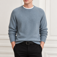 Pull ras du cou côtelé bleu clair pour homme, personnalisé OEM, à manches raglan longues, couleur unie, chaud pour l'hiver, vente en gros de tricots