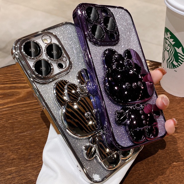 Makeup Mirror Holder Phone case Rabbit Glitter Gradient protection case for IPhone16 Promax for IPhone15Pro Lens Film protection