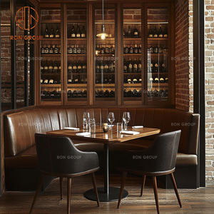 Set di Arredamento Moderno per Caffetteria e Ristorante, Divanetto in Pelle Marrone con Design a Cucitura Classica e Tavoli da Pranzo in Legno Massello - Product Image 2