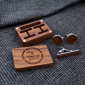 Solid Wood Tie Clip and <b>Cufflinks</b> Set with Wooden Gift <b>Box</b> Engraved Customizable Text Perfect for Personalized Mens Accessories - Product Image 1