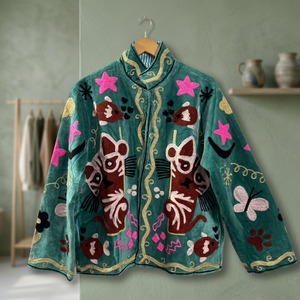 Wholesale Handmade Velvet Cat Mouse Embroidered Jacket <b>Women</b> Boho Winter Short <b>Coat</b> Cute Animal Motif Vintage Ethnic Casual - Product Image 6