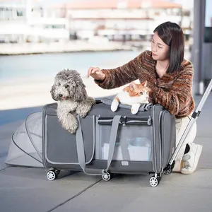 大型犬用トロリー大型通気性拡張可能ペットキャリアバッグと車輪付き犬用トロリー