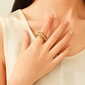 yunnique Geometric <b>Ring</b> 18k Gold Plated <b>Titanium</b> Steel With Pearl Inlay Stackable Unisex Fashion Jewelry Gift - Product Image 2