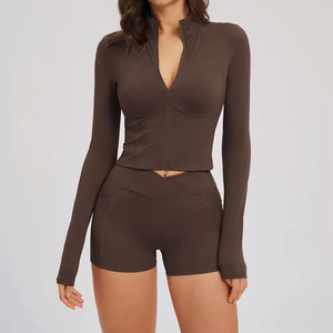 Custom Sustainable Recyclable Zip up Crop <b>Yoga</b> <b>Jackets</b> Moisture-Wicking Cross Waist Gym Fitness Shorts <b>Yoga</b> Set - Product Image 4
